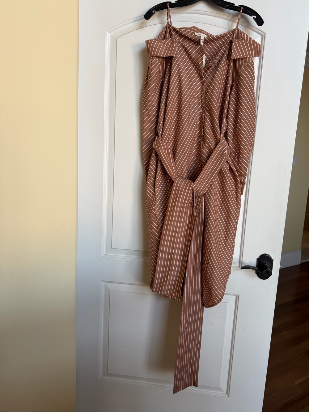 Maje Rust Brown and White Striped Off-Shoulder shirt dress